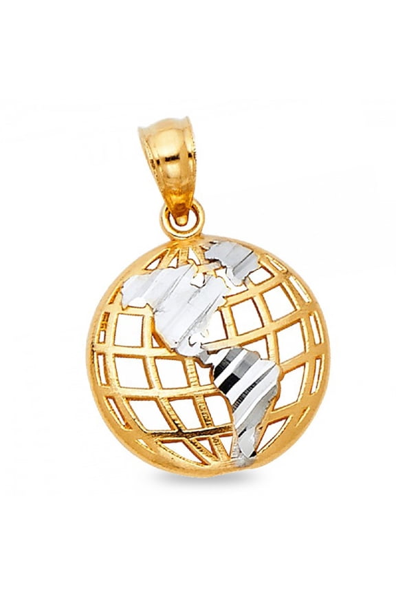 Globe Pendant Solid 14k Yellow White Gold World Earth Charm Polished Open Design Two Tone 13 x 13 mm