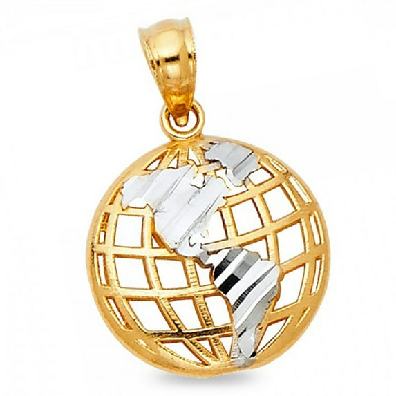 Globe Pendant Solid 14k Yellow White Gold World Earth Charm Polished Open Design Two Tone 13 x 13 mm
