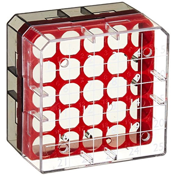 Globe Scientific BioBox 3039R Polycarbonate Storage Box with Transparent Lid for 1mL and 2mL Tubes, Holds 25 Vials, Red (Pack of 8)