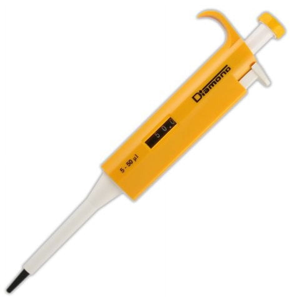 Globe Scientific Diamond 3301-50 Adjustable Volume Pipette, 5-50µL Volume, Yellow