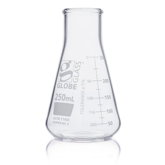 Globe Scientific Erlenmeyer Flask,250 mL,136 mm H,PK12 8410250