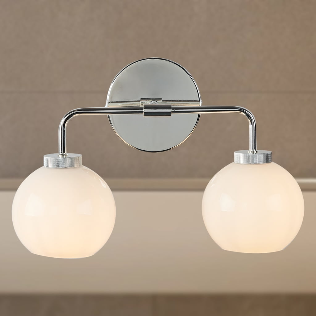Globe Shade with Brass Accents Double Light Sconce , Chrome Bathroom ...