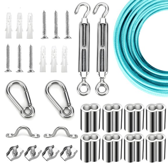 Globe String Light Suspension Kit, Outdoor Light Guide Wire, Vinyl Coated Stainless Steel Steel Cable,Include 150ft Transparent PVC and 304 Stainless Steel Wire Cable, Turnbuckle and Hooks