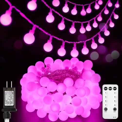 Globe String Lights, 33 Feet 100 Led Fairy Lights Plug in, 8 Modes with Remote Mini Globe Lights for Indoor Outdoor Bedroom Party Wedding Garden Christmas Tree Decor, Pink