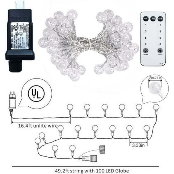 Globe String Lights 49.2 Feet 100 LED, Plug in Crystal Fairy String Lights with Remote Timer, 8 Modes Indoor Outdoor Hanging Globe Lights for Wedding Bedroom Classroom Patio Garden