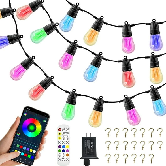 GLUAAE 50ft Outdoor String Lights with APP & Remote Control - RGB Waterproof LED Patio Lights, 20 Bulbs Hanging Lights for Garden, Backyard, Christmas, Party Decor