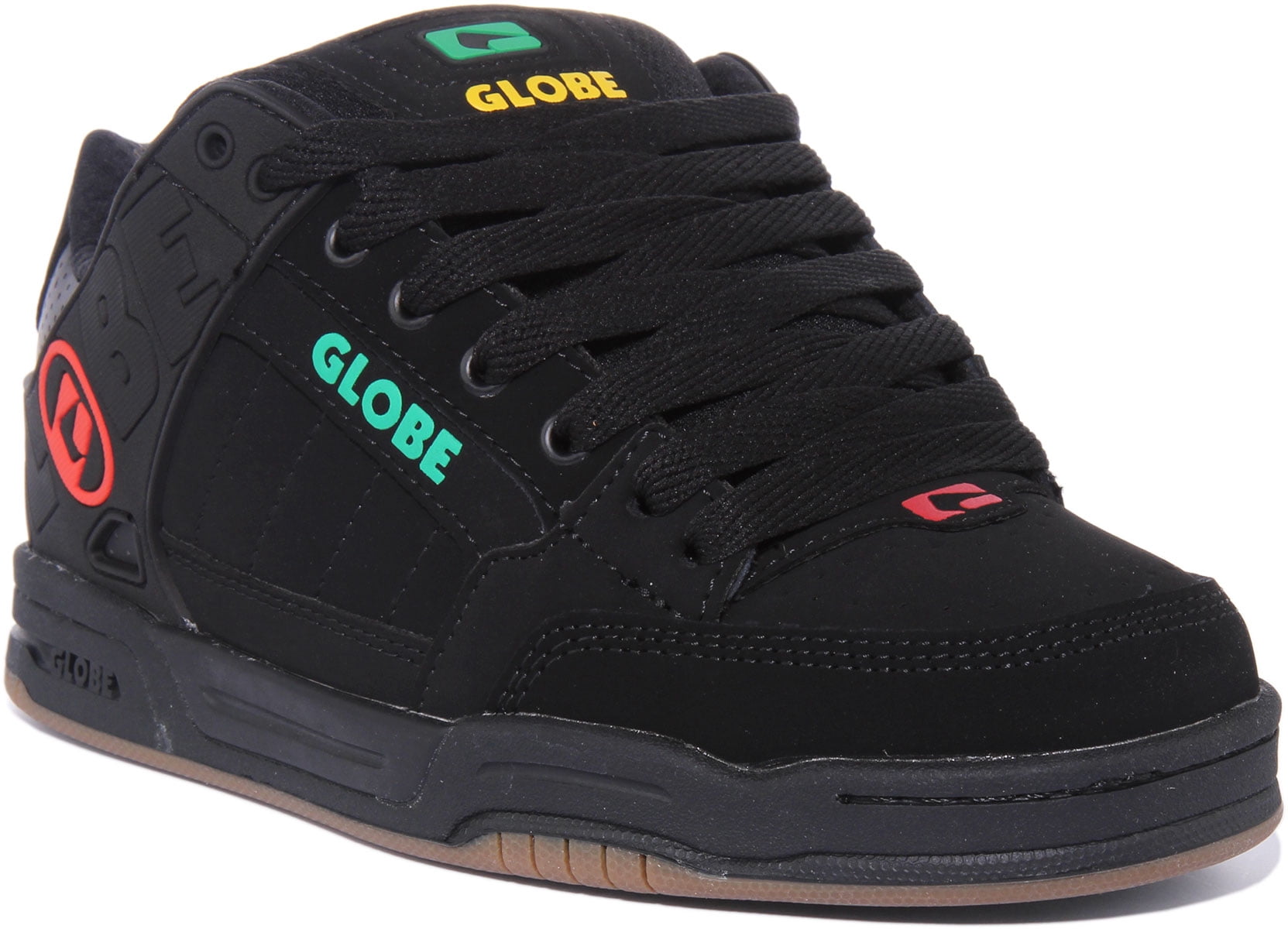Globe Tilt Men's Skate Trainers – Black Green Leather Skate Shoes, Padded Collar, Cupsole Construction
