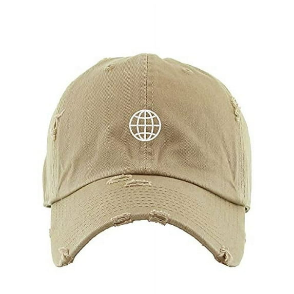 Globe Vintage Baseball Cap Embroidered Cotton Adjustable Distressed Dad Hat Khaki