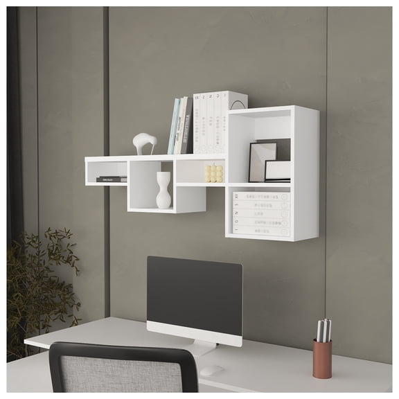Globe Wall-Mounted Shelf Unit with 5 Shelves, White Wall Mounted + 3-4 Shelves + White + White + Primary Living Space + Open Storage Space + Modern + Pine + Particle Board + Melamine