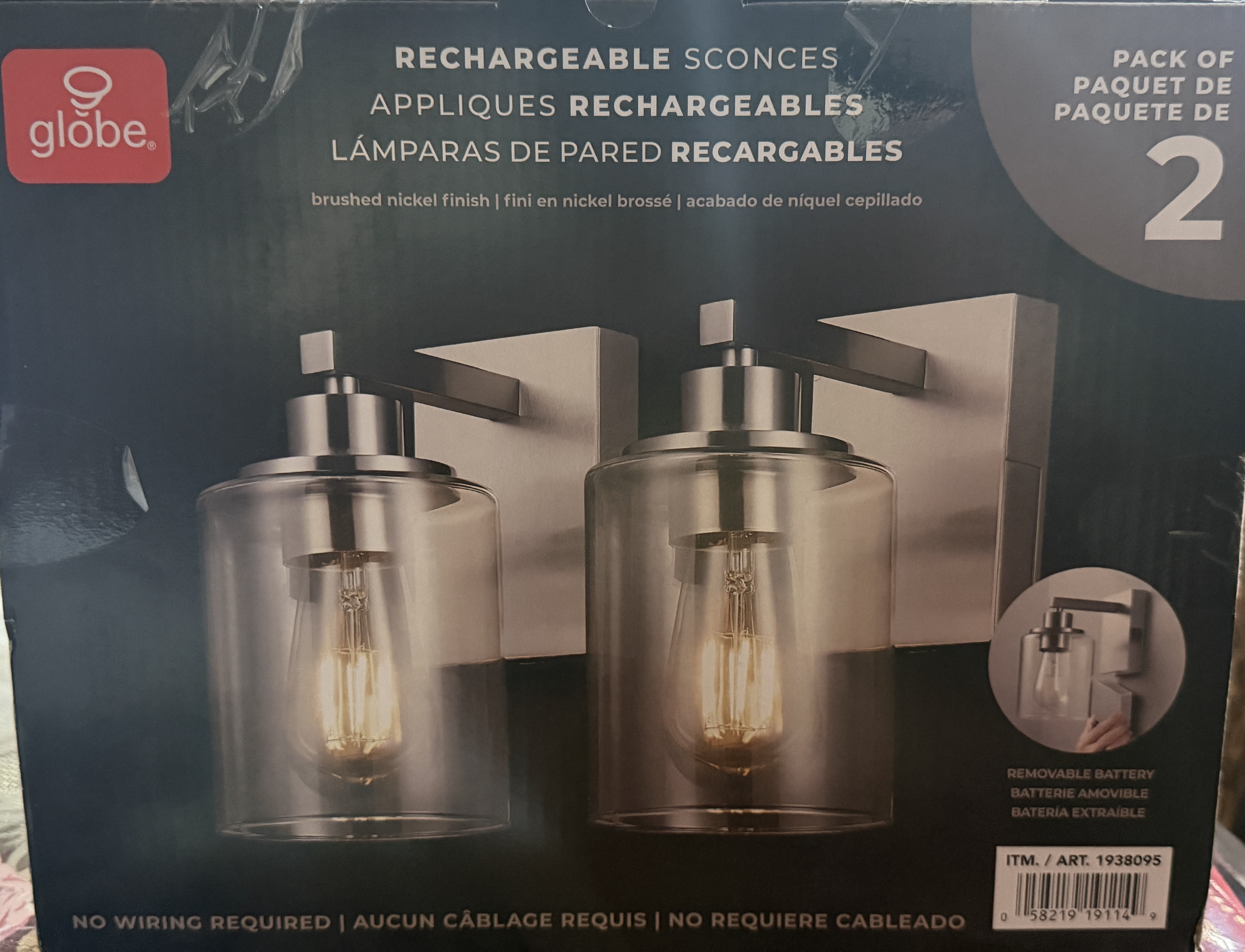 Globe Wall Sconce Battery Rechargeable Brushed Nickel Finish Set of 2