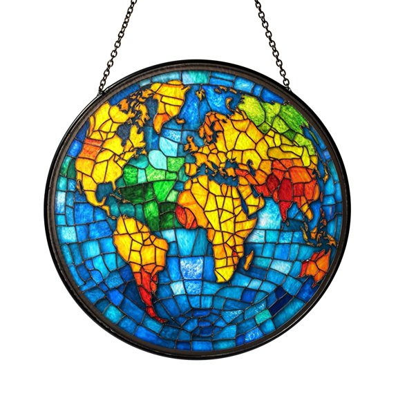 Globe and Planet Stained Glass Style Suncatcher, Educational Space Inspired Window Hanging Decor, Decorative Glass Art Panel