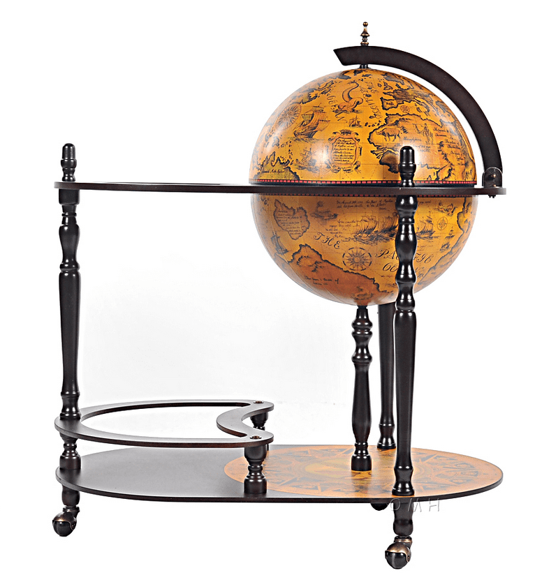 Old-World Tan and Mahogany Wood Globe Drink Trolley