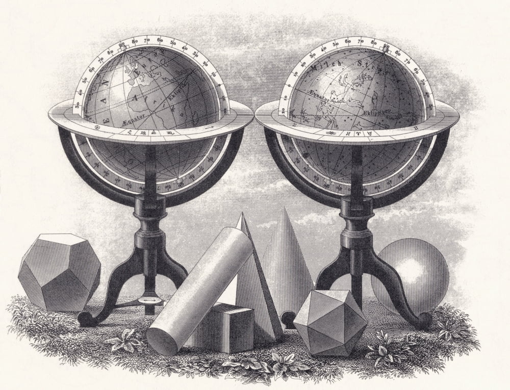 Globes Of The Earth And The Heavens Surrounded By Geometrical Forms From A 19Th Century Print Canvas Art - Ken Welsh Design Pics (16 x 12)