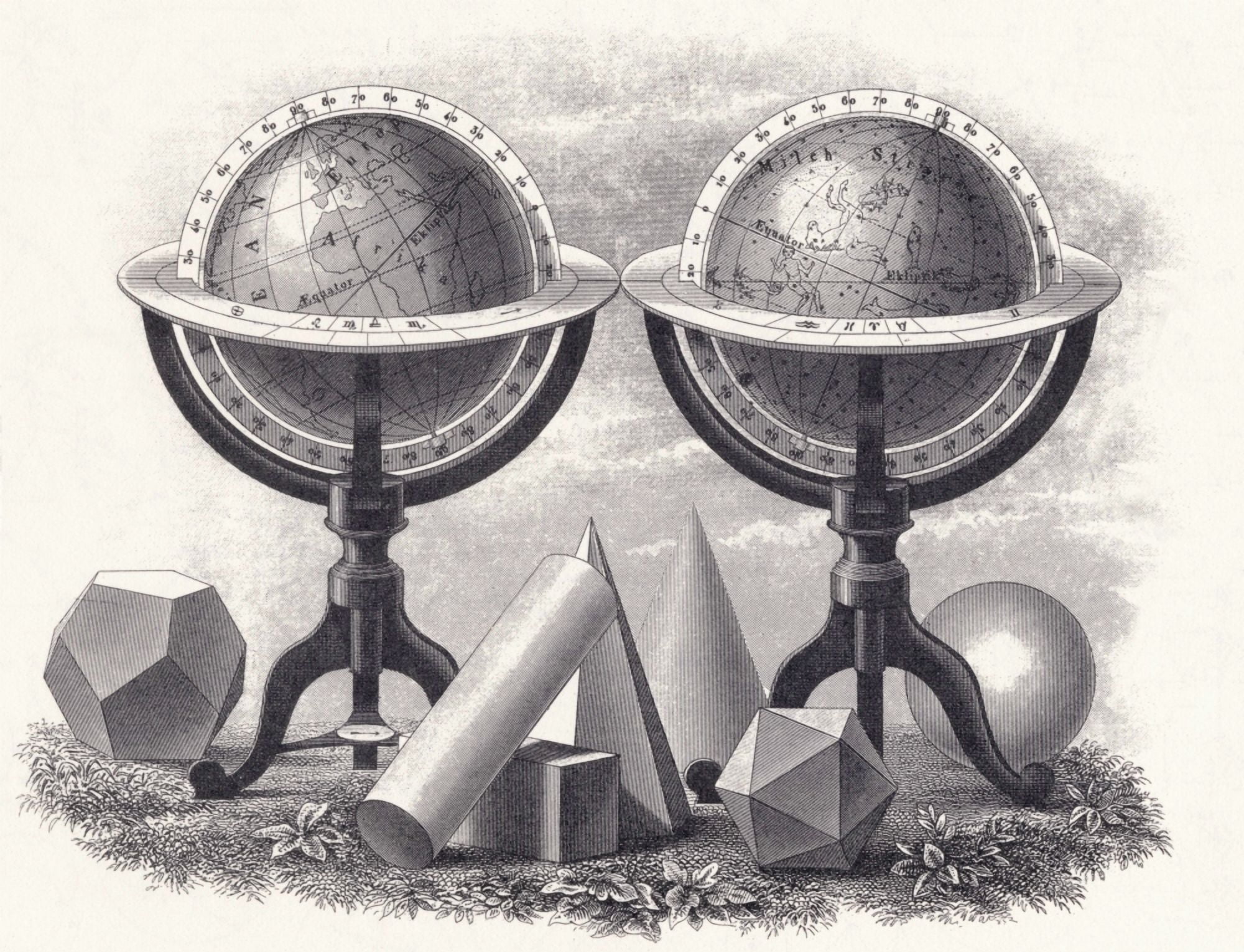 Globes Of The Earth And The Heavens Surrounded By Geometrical Forms From A 19Th Century Print Canvas Art - Ken Welsh Design Pics (32 x 24)