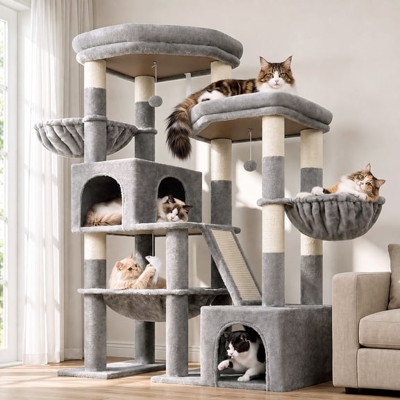 Globlazer Cat Tree for Large Cats 59" Cat Tower Condo with Scratching Post for Indoor Cats, Light Grey