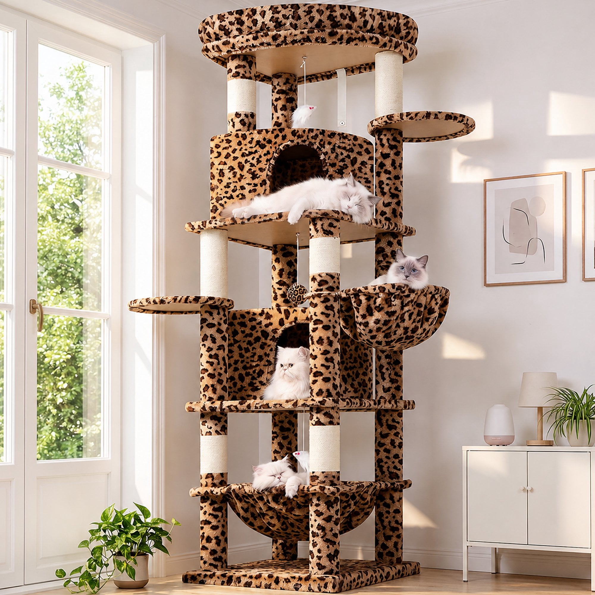 Globlazer 68" XL Corner Large Cat Tree Tower Condo with 6 Sisal Scratching Posts, 2 Condos, Hammock & Hanging Basket, Leopard Print