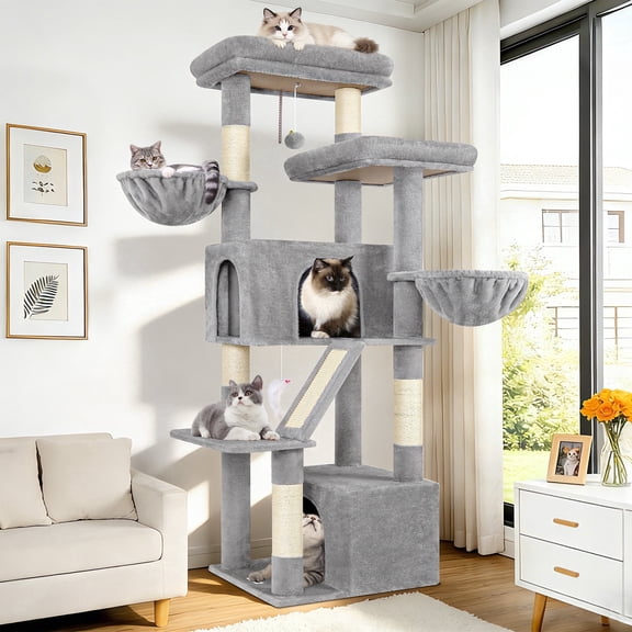 Globlazer 69 Inch Cat Tree for Large Cats, Multi-Level Cat Tree with 2 Luxury Condos and Large Perches for 2-3 Cats, Indoor Tall Cat Tree with Scratching Board & Sisal Posts, S69, Beige