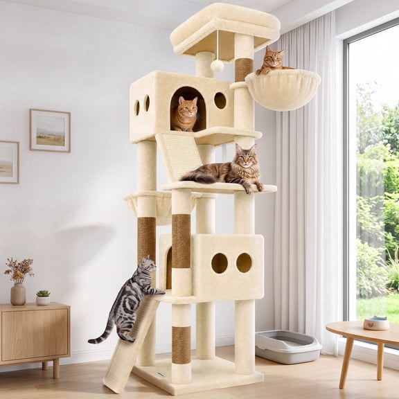 Globlazer 70" Cat Tree for Large Cats, Heavy Duty Multi-Level Cat Tree Tower with Extra Large Perch, Tall Cat Condo with 2 Condos, 2 Hammocks, Sisal Scratching Posts and Ramps, S70G, Beige