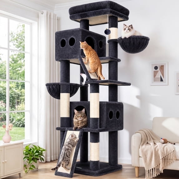 Globlazer 70" Cat Tree for Large Cats, Heavy Duty Multi-Level Cat Tree Tower with Extra Large Perch, Tall Cat Condo with 2 Condos, 2 Hammocks, Sisal Scratching Posts and Ramps, S70G, Dark Grey
