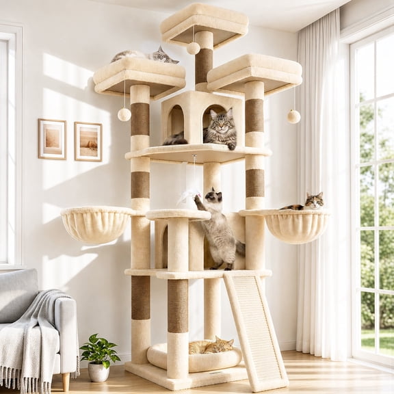 Globlazer 70" Large Cat Tree Multi-Level Tower with 2 Condos, 2 Hammocks, 3 Perches & 7 Sisal Posts, Heavy Duty Cat Condo for 4+ Cats, Beige