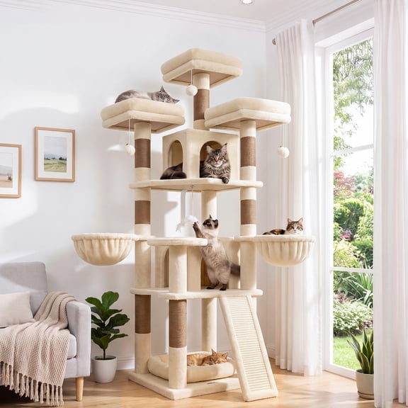 Globlazer 70" Multi-Level Cat Tree Tower for Large Cats with Condo Scratching Post and Hammock, Beige