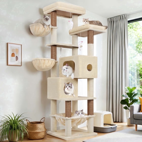 Globlazer 73" Cat Tree for Large Cats, Multi-Level Cat Tower Condo with 5 Sisal Scratching Posts & 2 Condos, Beige