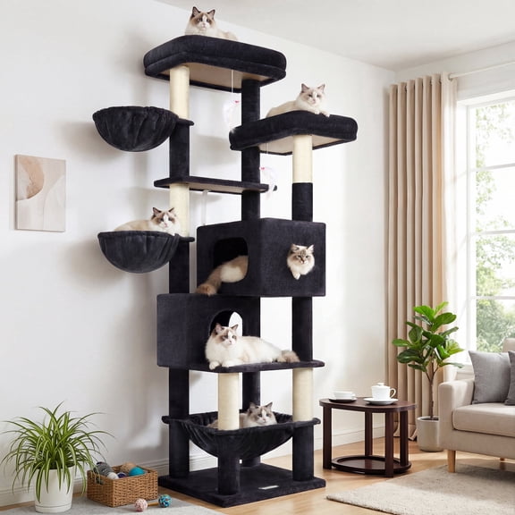 Globlazer 73" Cat Tree for Large Cats, Multi-Level Cat Tower for 4+ Cats with 2 Condos & 2 Hammocks, Indoor Cat Tree Tower for Medium to Large Breeds, Sturdy Design for Wall, S73, Dark Grey