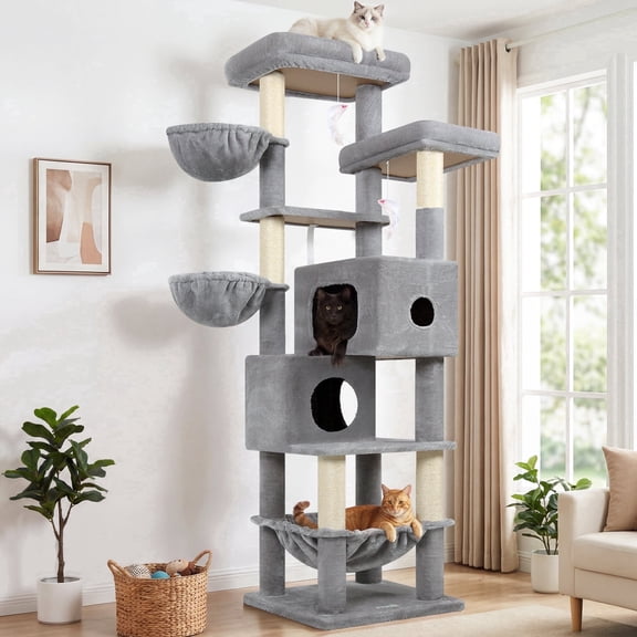 Globlazer 73" Cat Tree for Large Cats, Multi-Level Cat Tower Condo with 5 Sisal Scratching Posts& 2 Condos, Light Grey