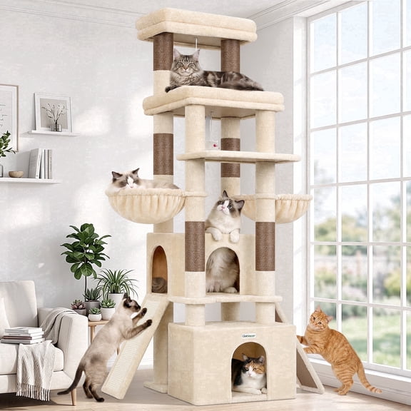 Globlazer 74" Symmetrical Cat Tree, Multi-Level Large Cat Tower with Scratching Post & Condo for Indoor Cats, Beige