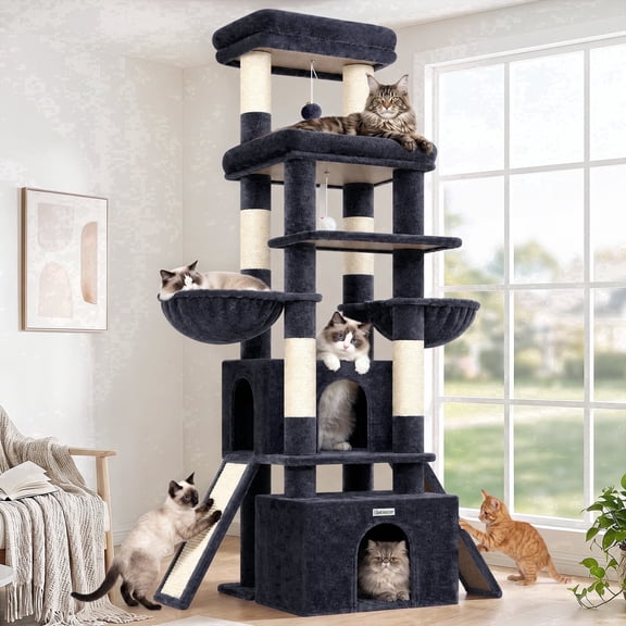 Globlazer 74" Symmetrical Cat Tree, Multi-Level Large Cat Tower with Scratching Post & Condo for Indoor Cats, Dark Grey