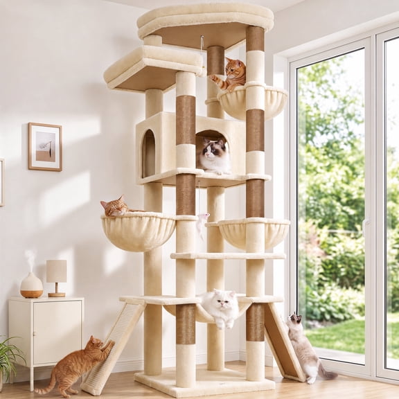 Globlazer 75 Inch Cat Tree Tower for Large Cats, Multi-Level Tall Cat Tower for 4 Cats with 4 Hammocks, 1 Condo, 8 Sisal Scratching Posts & 2 Boards, Indoor Cat Tree, F75F,Beige