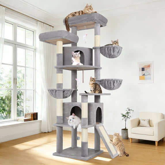 Globlazer 76 Inch Cat Tree for Large Cats, Multi-Level Cat Tower for 4+ Indoor Cats with 2 Condos & 3 Hammocks, Tall Cat Tree Tower with Sisal Scratching Posts, F76C, Dark Grey, Light Grey