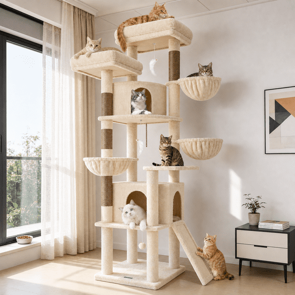 Globlazer Cat Tree, 76" Heavy Duty Cat Tower for Big Cats with Large Top Perch, Condo & Scratching Posts, Beige