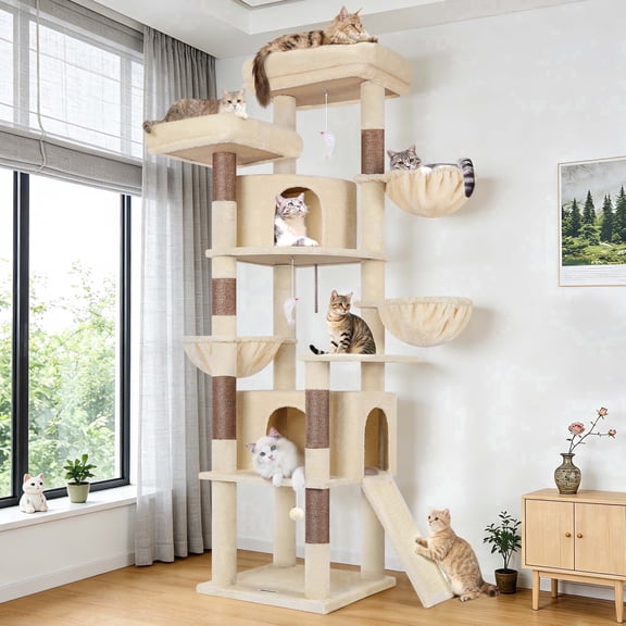 Globlazer 76 Inch Cat Tree for Large Cats, Multi-Level Cat Tower for 4+ Indoor Cats with 2 Condos & 3 Hammocks, Tall Cat Tree Tower with Sisal Scratching Posts, F76C, Beige