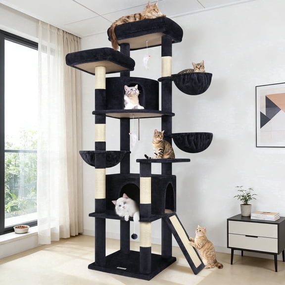 Globlazer 76 Inch Cat Tree for Large Cats, Multi-Level Cat Tower for 4+ Indoor Cats with 2 Condos & 3 Hammocks, Tall Cat Tree Tower with Sisal Scratching Posts, F76C, Dark Grey
