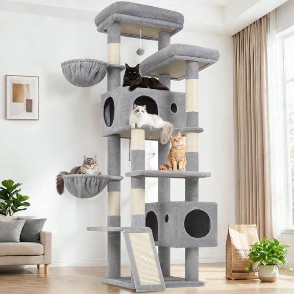 Globlazer 77Inch Cat Tree for Large Cats, Multi-Level Cat Tower with Sisal Scratching Posts, 2 Condos & Hammocks, Sturdy Cat Tree Tower for Multiple Indoor Cats, Maine Coon & Ragdoll, S77, Light Gray