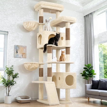 Globlazer 77" Large Cat Tree and Tower Condo for Indoor Cats with 6 Sisal Scratching Posts, 2 Condos, Beige