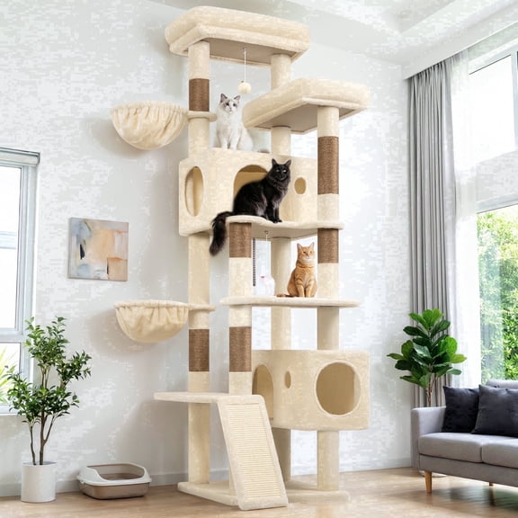 Globlazer 77" Large Cat Tree and Tower Condo for Indoor Cats with 6 Sisal Scratching Posts, 2 Condos, Beige