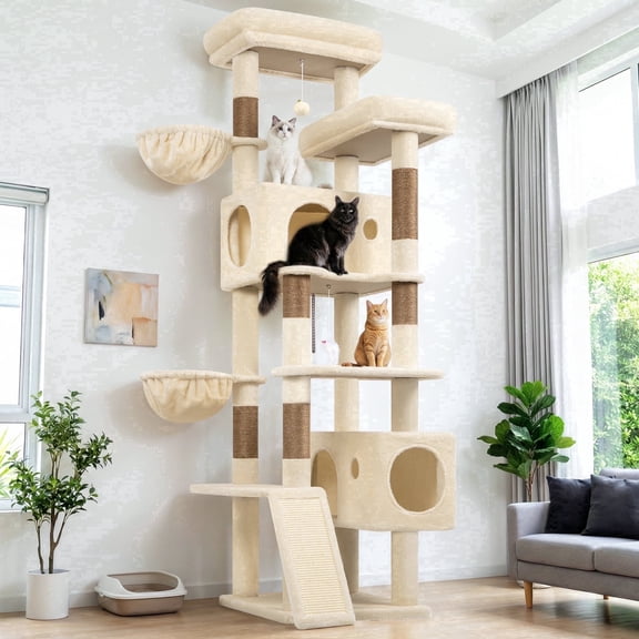 Globlazer 77" Large Cat Tree and Tower Condo for Indoor Cats with Sisal Scratching Posts, Condos, Hammock & Hammock, Beige