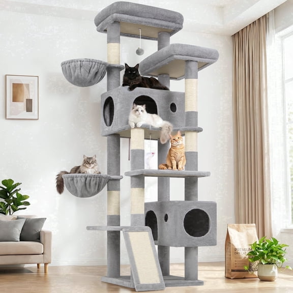 Globlazer 77" Large Cat Tree and Tower Condo for Indoor Cats with 6 Sisal Scratching Posts, 2 Condos, Light Gray