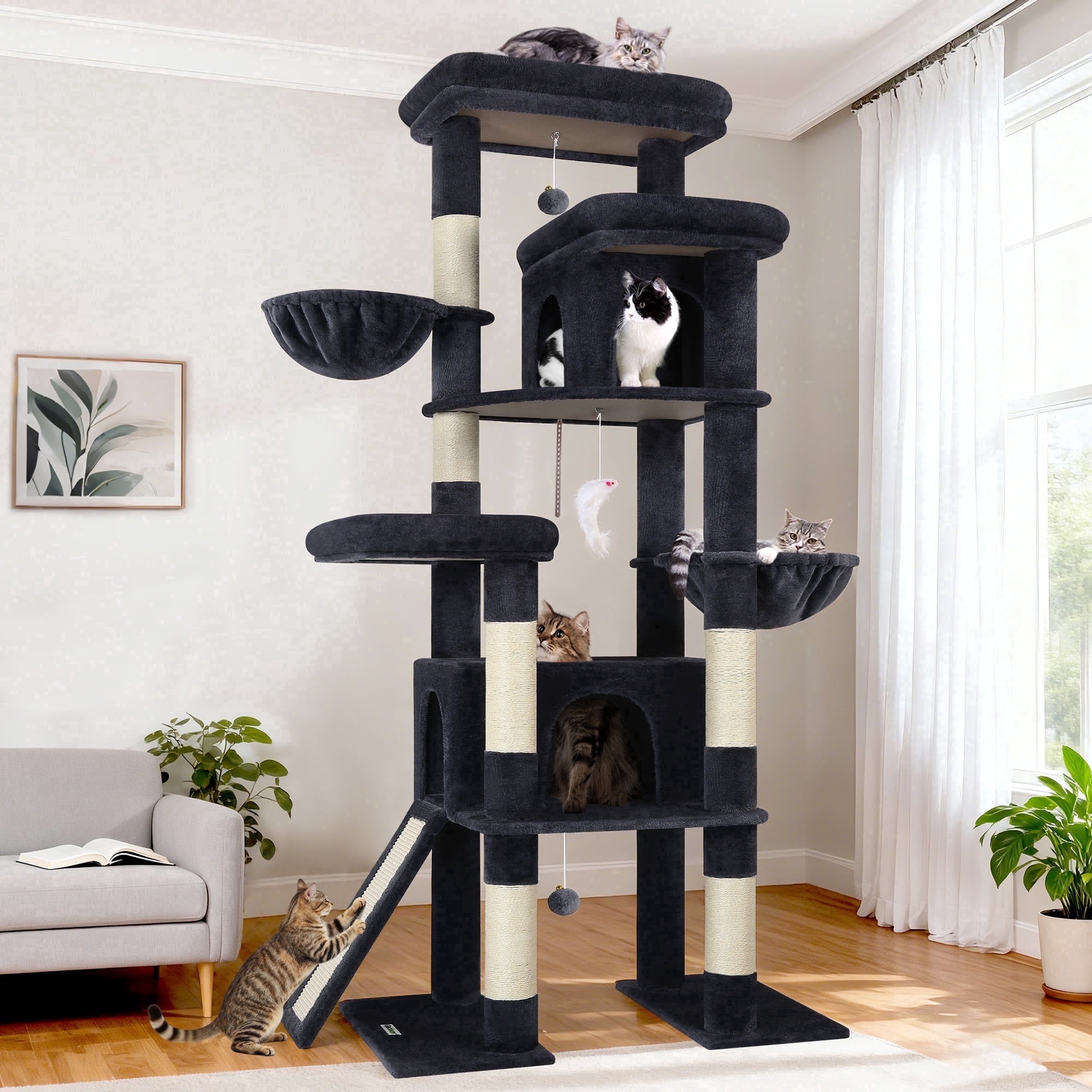 Globlazer 78" Multi-Level Large Cat Tree and Tower Condo for Indoor Cats with Sisal Scratching Posts, Condos, Hammock & Hammock, Dark Gray