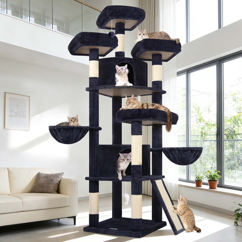 Globlazer 80" Large Cat Tree Tower for Large Cats with 2 Cat Condo Hammock, 6 Scratching Posts for All Indoor Cats, Dark Grey