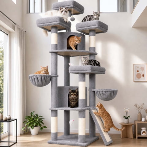 Globlazer 80" Large Cat Tree Tower for Large Cats with 2 Cat Condo Hammock, 6 Scratching Posts for All Indoor Cats, Light Grey