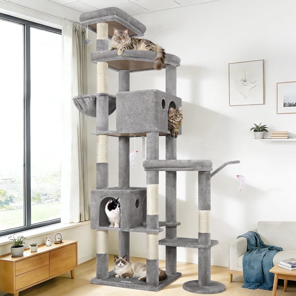 Globlazer 83 Inch Tall Cat Tree for Large Cats, Heavy Duty Cat Tower with 2 Condos and Hammock for 4+ Cats, Multi-Level Cat Tree Tower for Indoor Corner Placement, S83, Light Grey