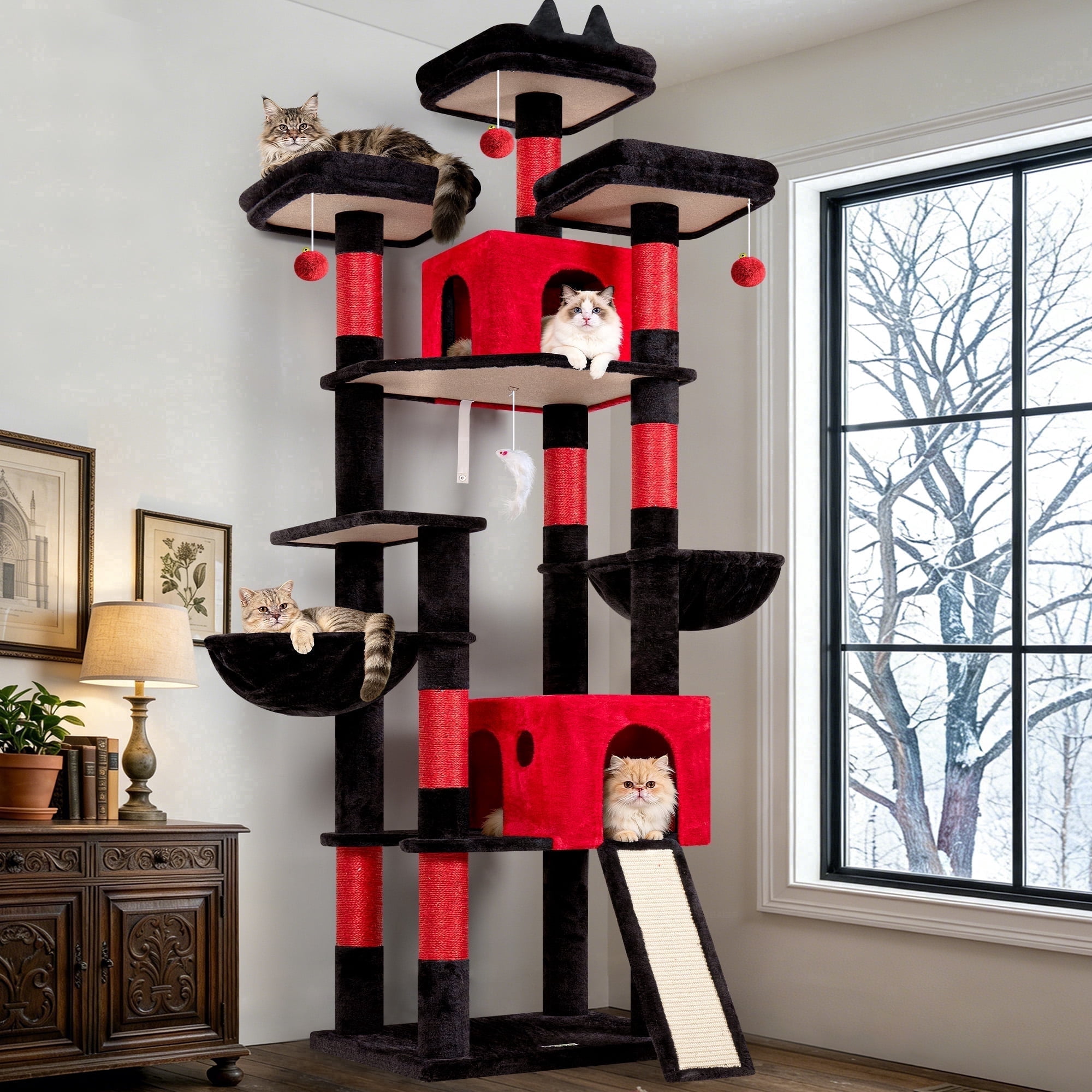 Globlazer 83 inch XXL Giant Cat Tree, Heavy Duty Tall Cat Tower for Large Indoor Adult Cats, Multi-Level Large Cat Condo with 8 Scratching Posts, 2 Cat Caves & 3 Platforms,Gothic
