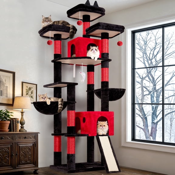 Globlazer Heavy Duty Cat Tree, 83 inch Large Cat Tree for Indoor Cats with 8 Scratching Posts, 2 Cat Caves & 3 Platforms, Gothic