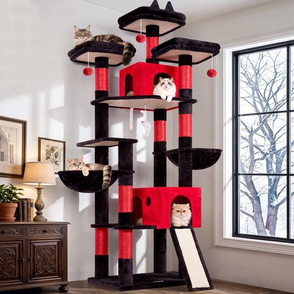 Globlazer Heavy Duty Cat Tree, 83 inch Large Cat Tree for Indoor Cats with 8 Scratching Posts, 2 Cat Caves & 3 Platforms, Gothic