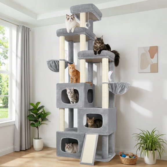 Globlazer Big Cat Tree Tower,85in Multi-Level Tall Cat Tree Tower Indoor for Multiple Adult Cats with Scratching Post, 3 Perches, 3 Condos, 2 Hanging Basket, S85,Light Gray