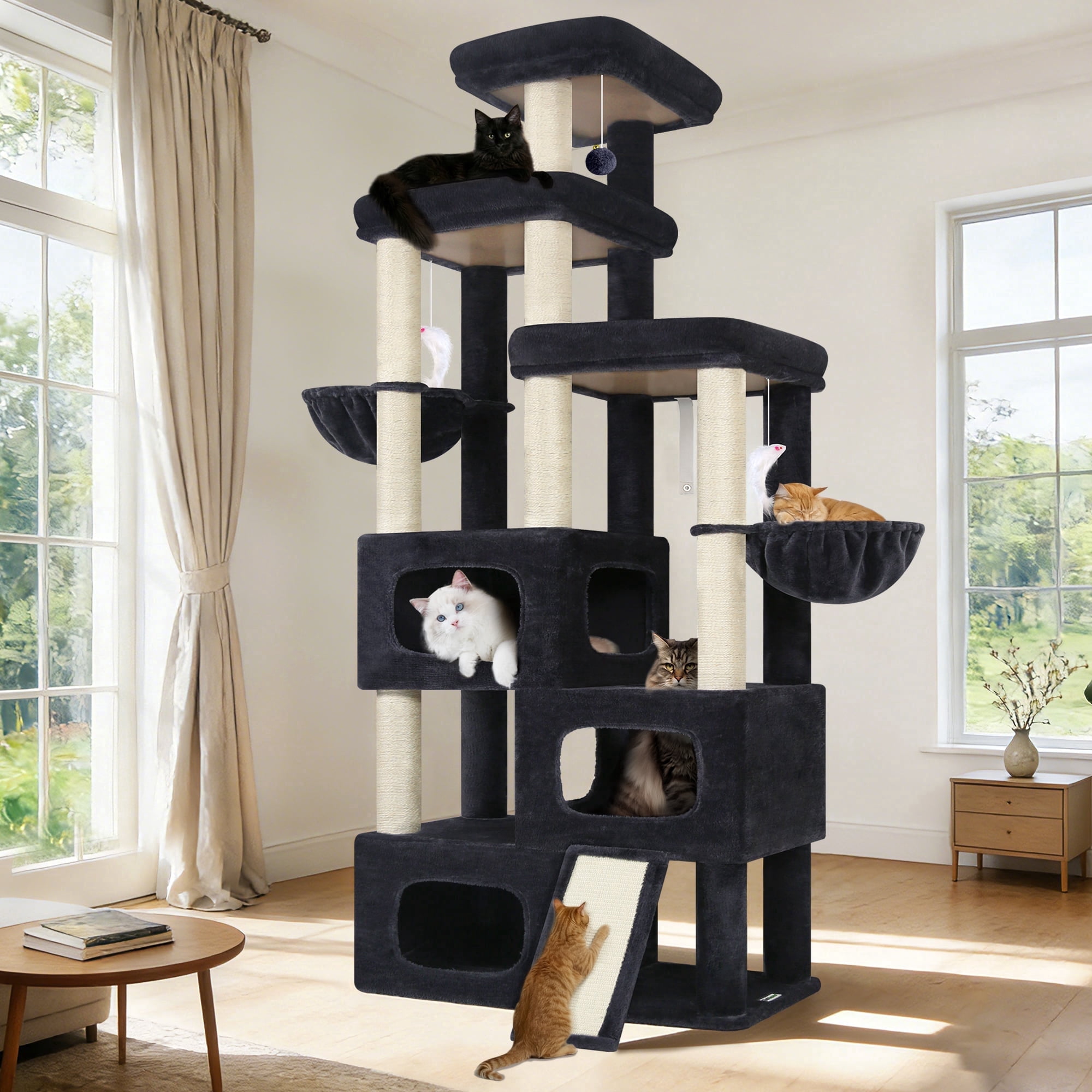 Globlazer Big Cat Tree Tower，85in Multi-Level Tall Cat Tree Tower Indoor for Multiple Adult Cats with Scratching Post, 3 Perches, 3 Condos, 2 Hanging Basket, S85,Dark Gray