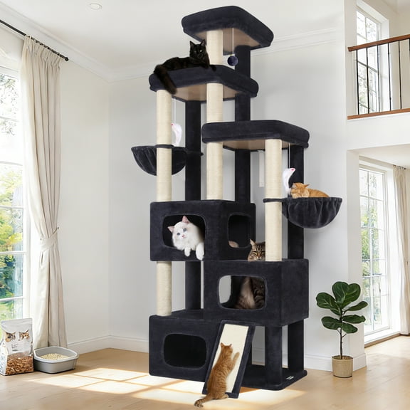 Globlazer Big Cat Tree Tower，85in Multi-Level Tall Cat Tree Tower Indoor for Multiple Adult Cats with Scratching Post, 3 Perches, 3 Condos, 2 Hanging Basket, S85,Dark Gray